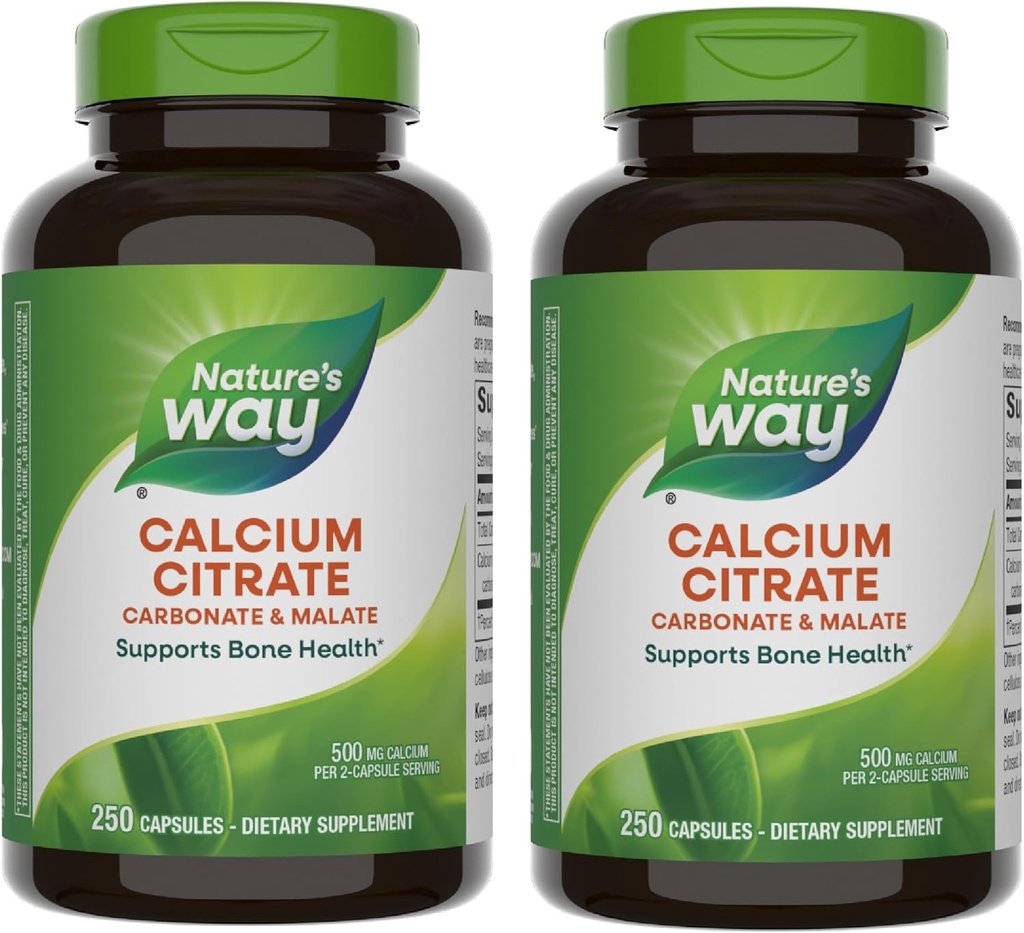 Nature's Way Citrato de cálcio, 500 mg Cálcio por 2-Capsule Servindo, para Saúde Óssea e Função Músculo*, Mistura de Citrato, Carbonato e Malato, Glúten Livre, 250 Cápsulas (Pacote em Maio Vary) - 2 Embalagem