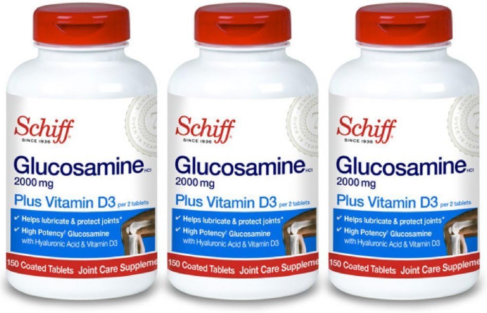 Schiff Glucosamina 2000mg com Vitamina D3 e Ácido Hialurônico, 150 Comprimidos - Suplemento Conjunto (Pacote de 3)