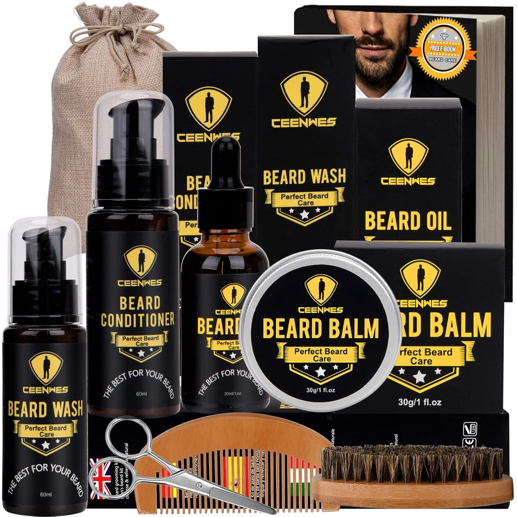 Ceenwes Upgraded Beard Grooming Kit - Condicionador, óleo, escova, pente, bálsamo, tesouras, saco de armazenamento para barba e aparar bigode, presente perfeito dos homens