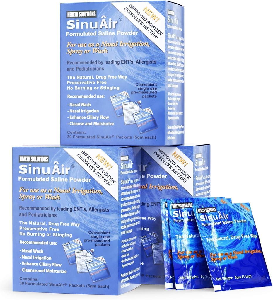 SinuAir Saline Packets for Sinus Rinse - Solução de sal pré-misturado em pó para SinuPulse Elite System, Neti Pot, Nase Wash Bottle & Nasal Irrigation, 90 Packets