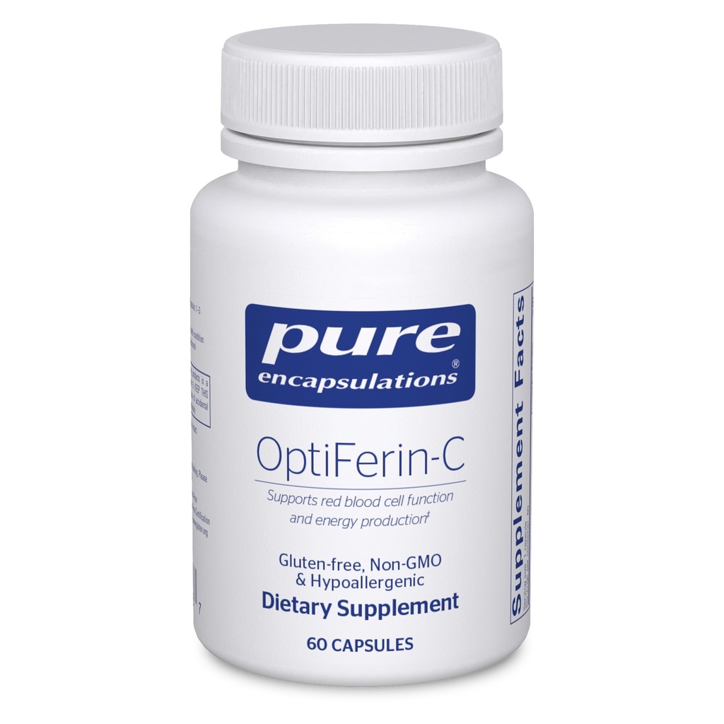 Encapsulamentos puros OptiFerin-C - para glóbulos vermelhos & Energia - Suporte de Absorção de Ferro - Suplemento de Energia* - Vitamina C Enriquecida - Gluten Free & Non-GMO - 60 Cápsulas