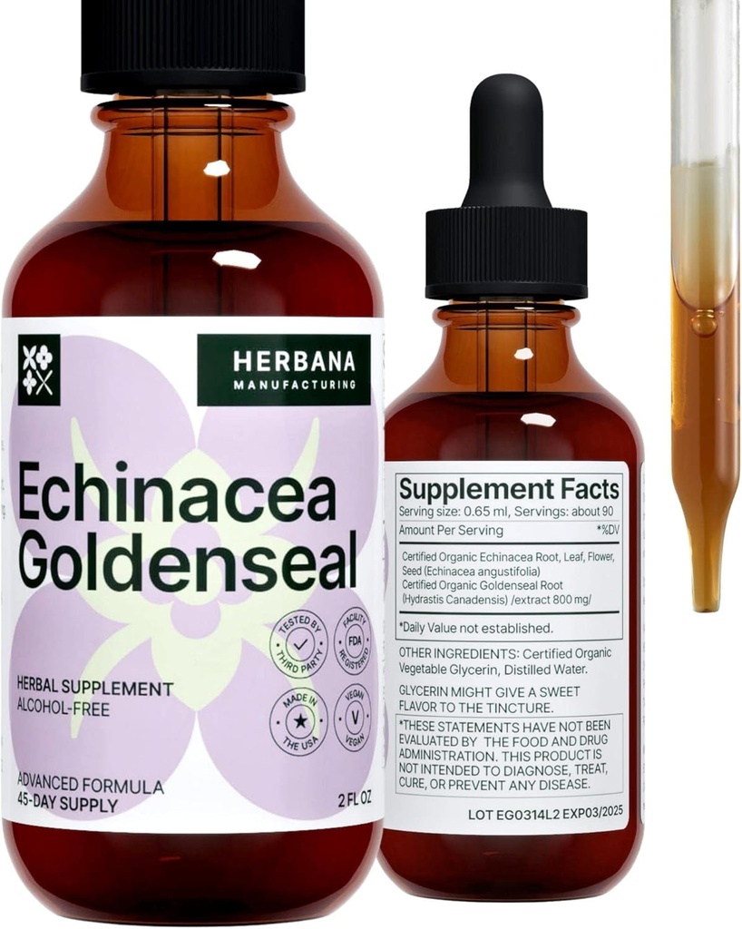 Echinacea e Goldenseal 2 fl oz Extrato líquido - Suplemento de ervas naturais - Gotas de suporte imune - Melhorar o sono