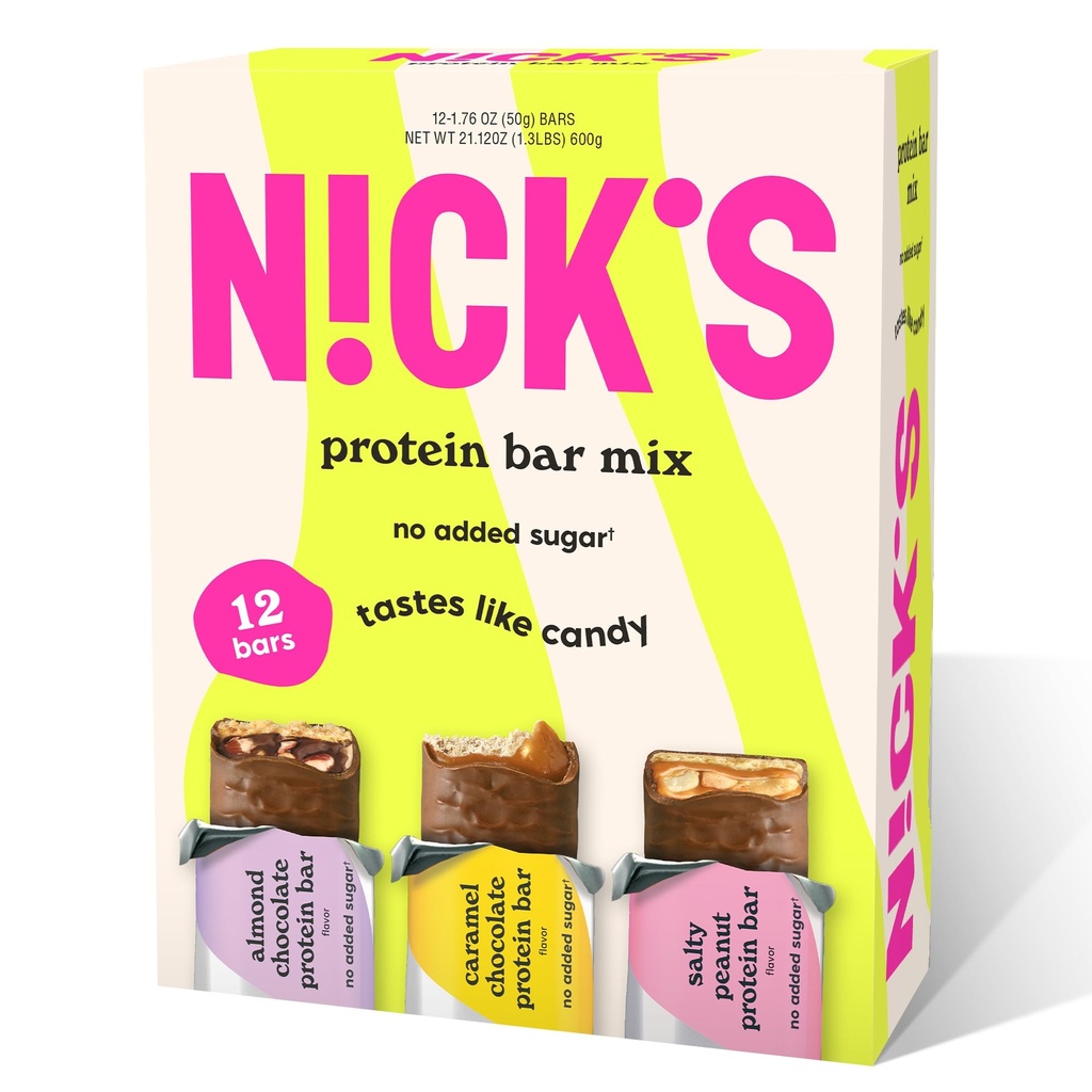 Nick's Protein Bares Chocolate Variety Pack alta proteína, baixas calorias, baixo carboidratos Keto Friendly Snacks Não adicionado açúcar, Salty Peanut, Chocolate Caramel e chocolate de amêndoa (12 Pack)