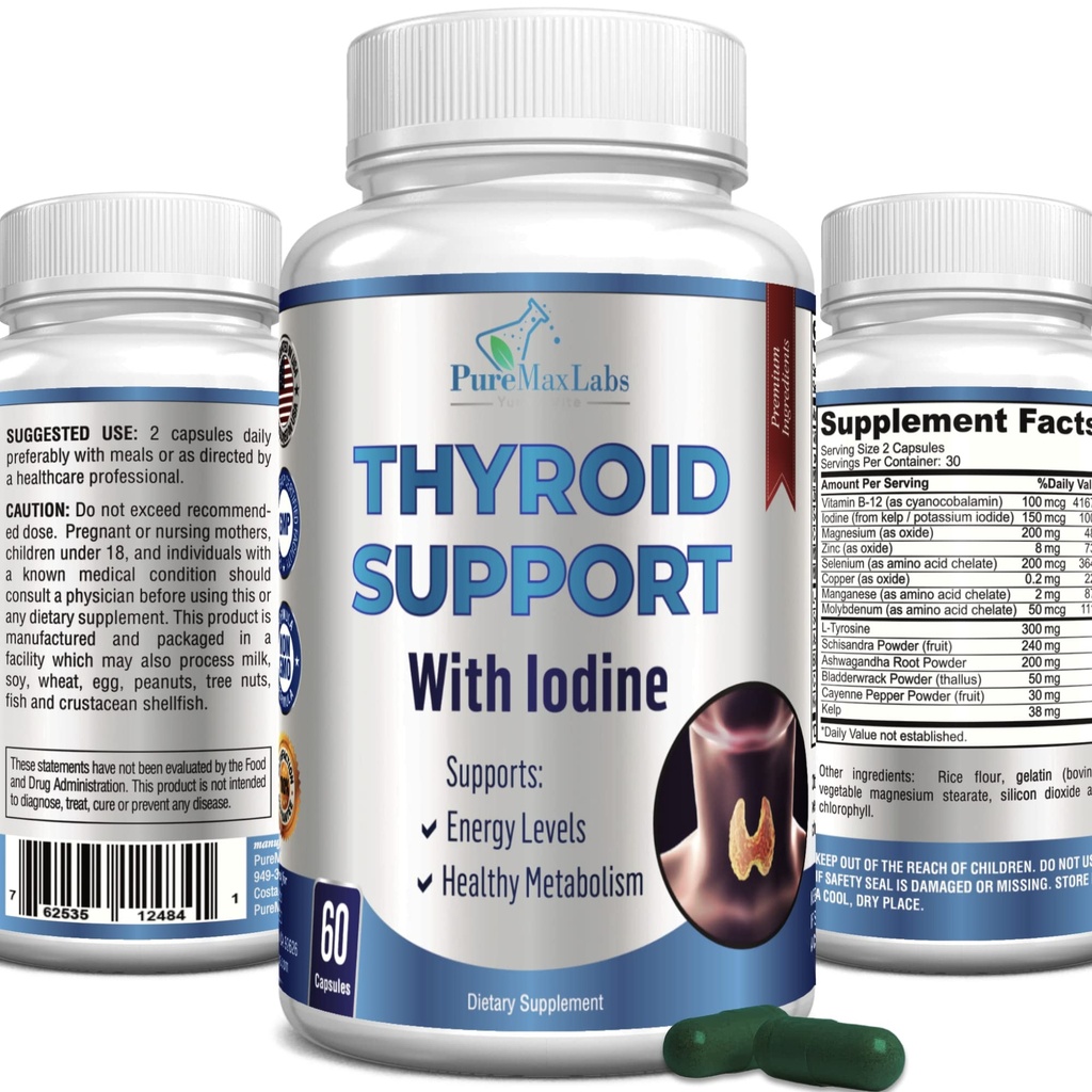 Suporte de tiroide com iodo - Metabolismo Booster, impulsionador de energia, aumentar o foco - Premium Não-GMO Suplemento de tireóide 60 Cápsulas