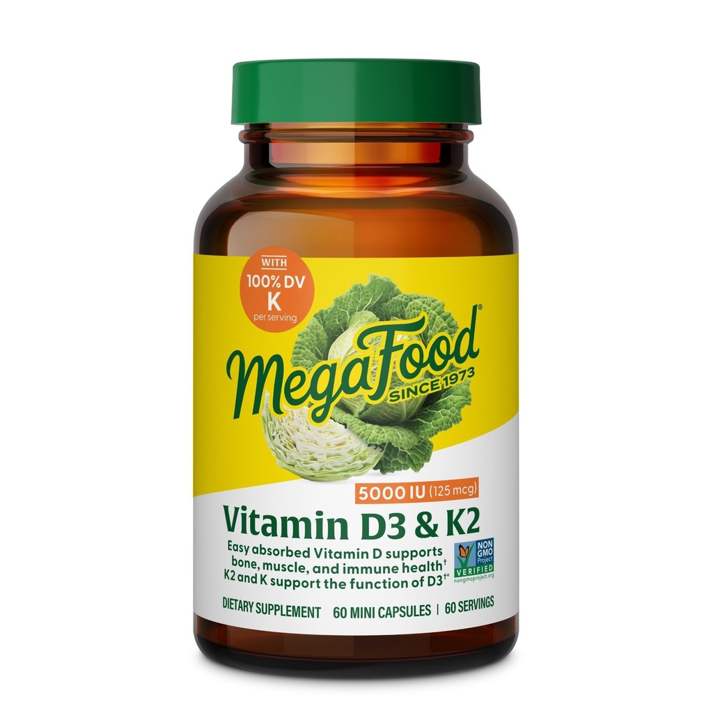 MegaFood Vitamina D3 5000 UI (125 mcg) - Suplementos vegetarianos com vitamina D3 K2 - Suporta Ossos, Dentes, Músculos e Saúde Imune - Certificados Não-GMO - 60 Mini Cápsulas, 60 Servimentos