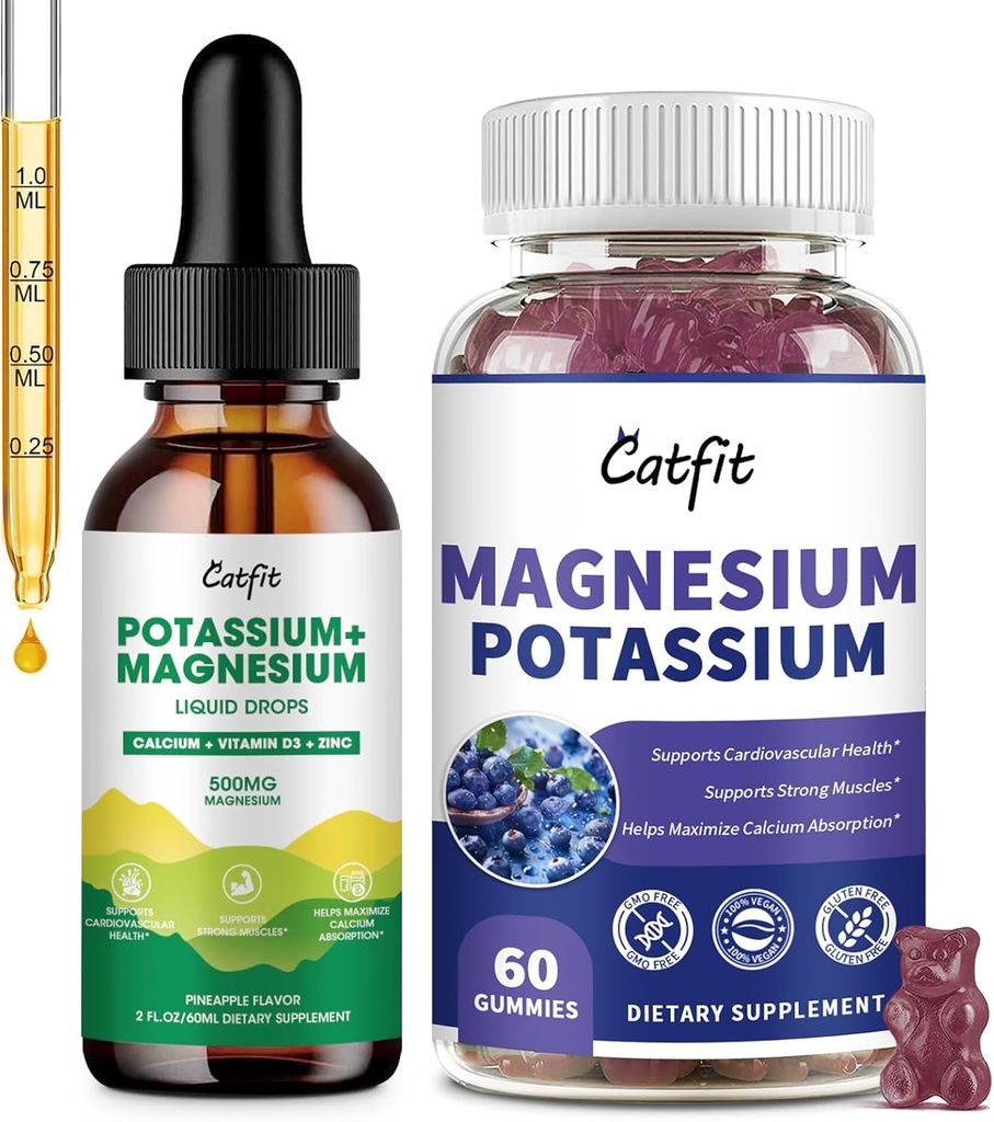 Suplemento de magnésio de potássio de Catfit,Suplemento Complexo de potássio de magnésio,Sugar Free & Vegan,Suporte imunológico,Mood Calm & Suporte ao sono,Saúde muscular