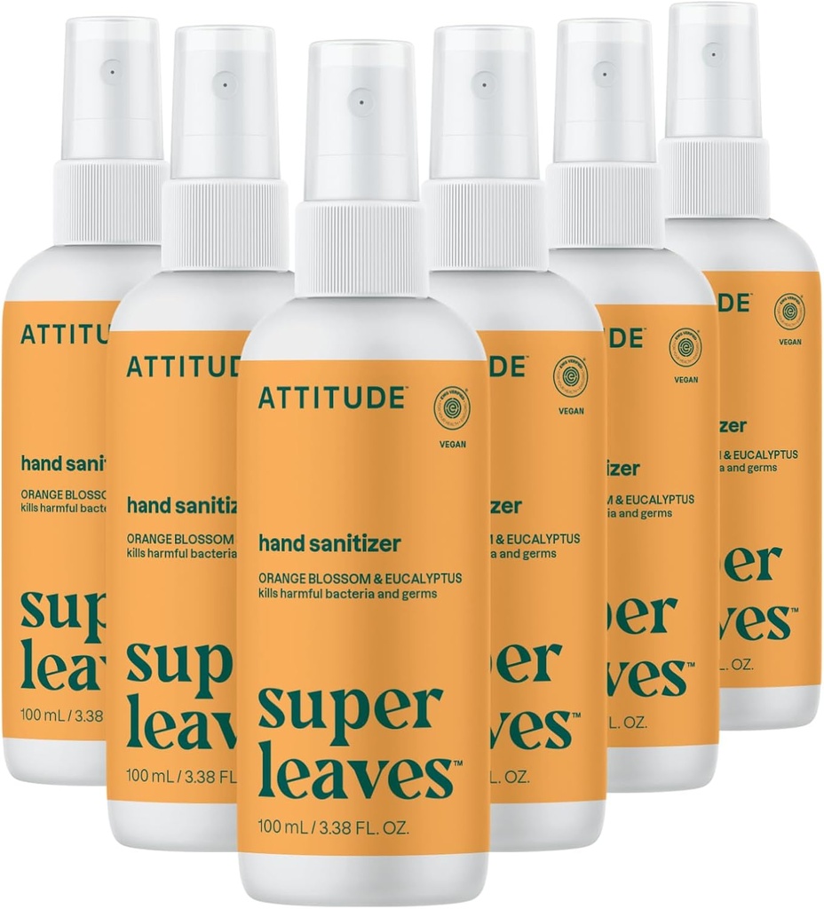 ATTITUDE Hand Sanitizer Spray, EWG Verificado, Mata Germes & Bactérias, Vegan & Base de Plantas, Seguro para Adultos & Crianças, Flor Laranja & Eucalyptus Scent, 3,38 Fl Oz (Pacote de 6) (Boca de Spray)