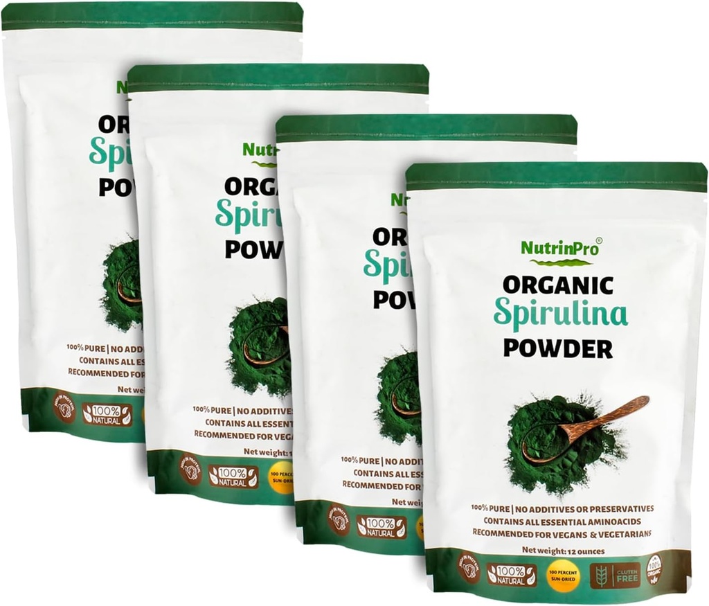 Quatro embalagens de espirulina em pó para suco e mistura suave; 100% natural, USDA Orgânico e sem glúten, com alta proteína, vitaminas, antioxidantes e minerais (12 onças) (4)