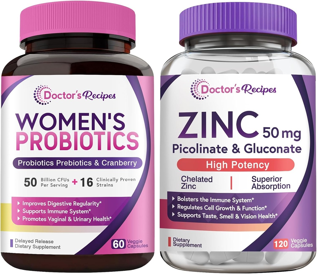 Recipes do médico Probiótico feminino & Zinc Bundle, Digestivo, Saúde vaginal e urinária, Defesa da imunidade natural, Cápsulas Probióticas de liberação tardia 60ct & Zinc Cápsulas 120 ct