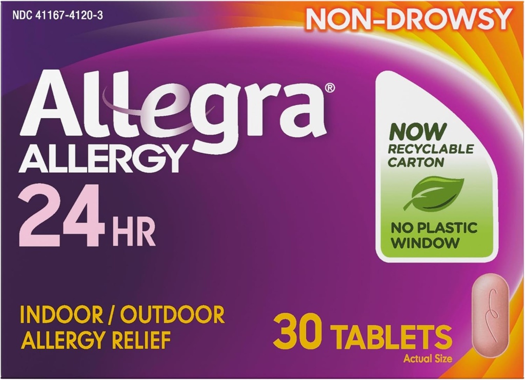 Allegra Adulto 24HR Anti-Histamínico Não-Drowsy, 30 Comprimidos, Alergia de Alergia de Alergia Rápida, 180 mg