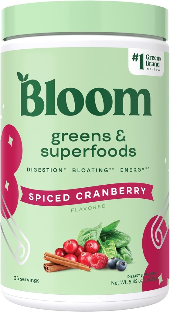Bloom Nutrition Superfood Greens Pó, Enzimas Digestivas com Probióticos e Prebióticos, Gut Health, Bloating Alief for Women, Chlorela, Green Juice Mix with Beet Root, 25 SVG, Spiced Cranberry