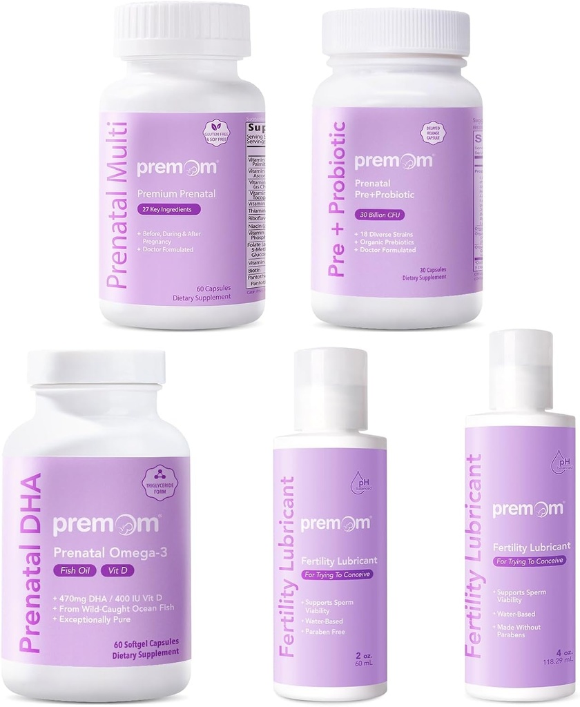 Multivitamin Premom para Mulheres + Óleo de peixe pré-natal DHA + Pré-natal e Probióticos + Lubrificante de fertilidade pessoal para Conceição 2&4 Fl Oz