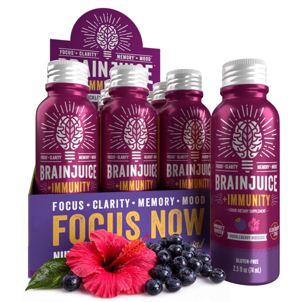 BrainJuice Cérebro e Imune Suporte Tiro, Suplemento sem glúten Shots para energia, Foco, Imunidade com Vitamina D, C B, Alpha GPC e Ginger Root orgânico, Hibiscus Huckleberry, 2,5 fl oz, 12 Pack