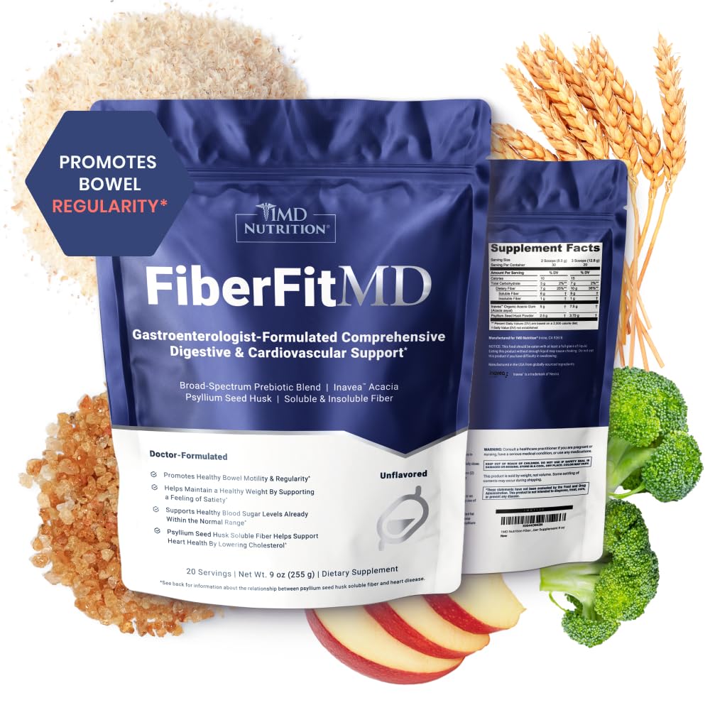 1MD Nutrition FiberFitMD - para apoio digestivo e cardiovascular potente - Suplemento de saúde para mulheres e homens - Pó de alta fibra - 30 dias