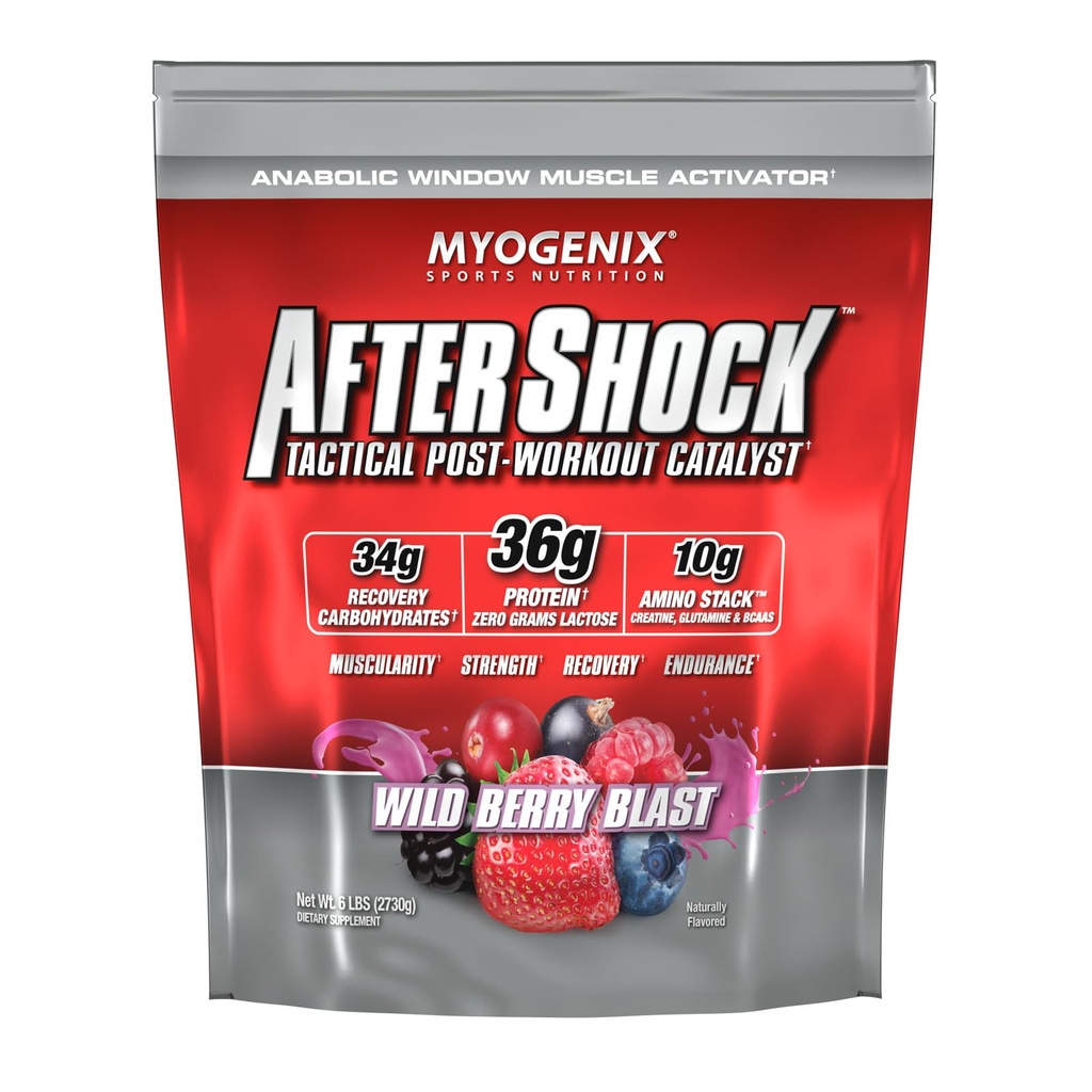 Myogenix Aftershock pós treino — Crescimento muscular Whey Protein Powder — Acelera o crescimento e recuperação muscular — Apoia a saúde conjunta e recupera Glycogen — Wildberry Blast, 6 lbs