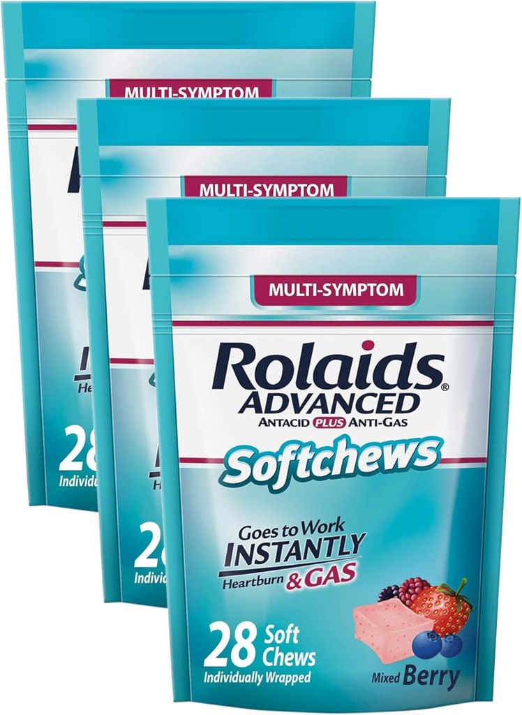 Rolaids Advanced Antiácido Plus Anti-Gas Softchews, 28 Contagem, Berry misto, Azia e alívio de gás (Pacote de 3)