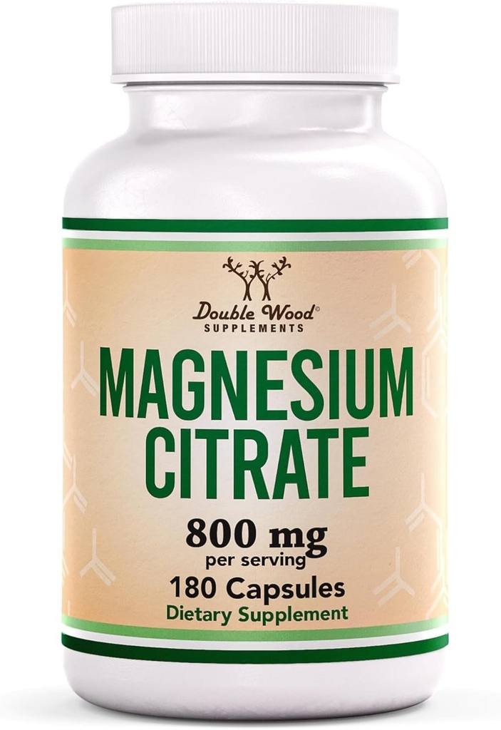 Citrato de magnésio 800mg, 180 Cápsulas, Digestão e suporte de constipação, Vegan seguro, Não-GMO, Suplementos de madeira dupla