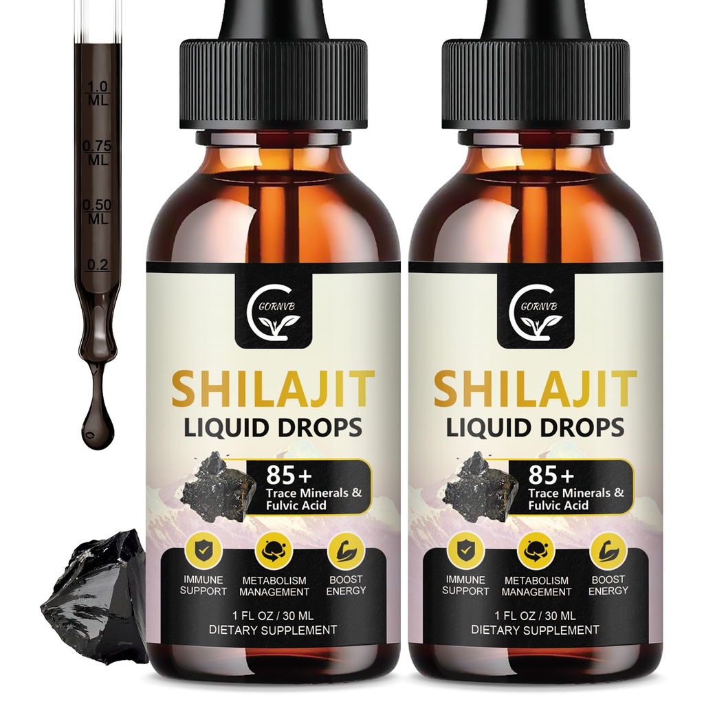 (2-Pack) Alta potência Shilajit Puro Himalaia Suplemento Líquido Orgânico, Shilajit Resin Drop para homens e mulheres, Max Potência 85+ Minerais traço limpo e ácido fulvico para energia, metabolismo e suporte imunológico