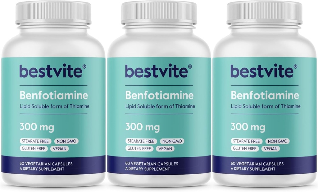 Benfotiamina 300mg (180 Cápsulas vegetarianas) (60x3) Sem estearatos - Sem Dióxido de Silício - Vegan - Não OGM - Sem glúten