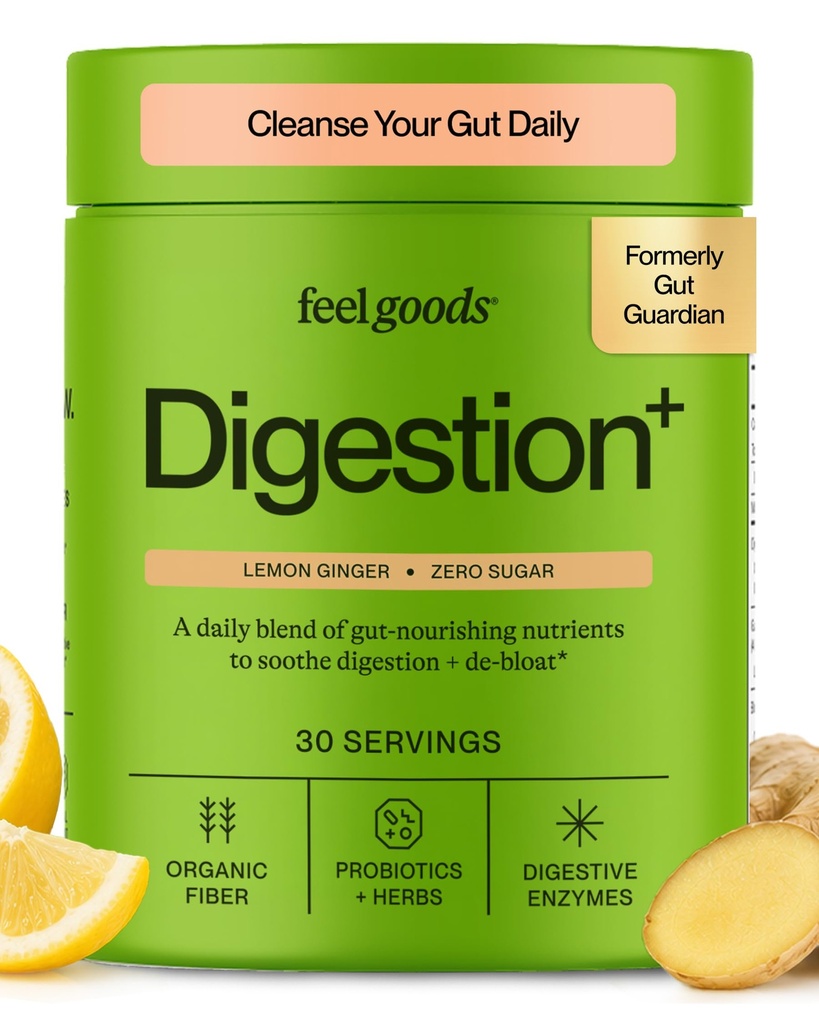 Feel Goods Gut Guardian, Fibra Orgânica, Pó Probiótico e Prebiótico, Livre de Açúcar, Ervas para Bloat, Suporte à Saúde Gut, Saúde Digestiva para Homens e Mulheres, Não OGM, Vegan, Ginger limão, 30 Servings