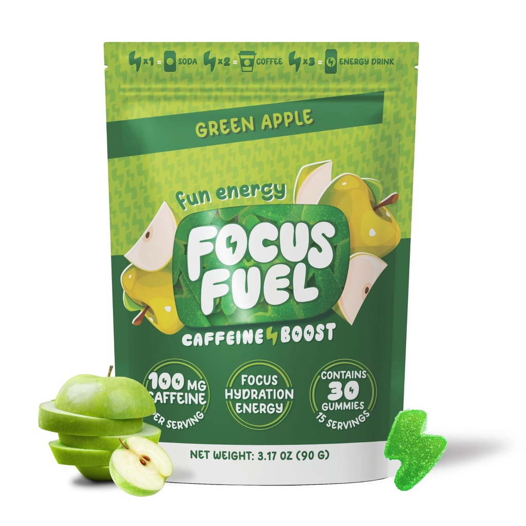 FocusFuel Energy Chews – Green Apple Flavor (15 Servings) – 100mg Cafeína + B12, Magnésio, Alpha GPC – Boost Focus & Energy – No Crash or Jitters