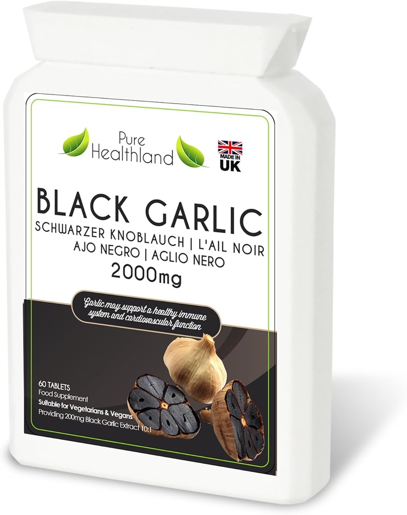 Suplemento de alho preto sem odor sem glúten – alta potência concentrada a partir de bolas de alho fresco – Vegan & Tablets vegetarianos – Feito no Reino Unido (1 garrafa)
