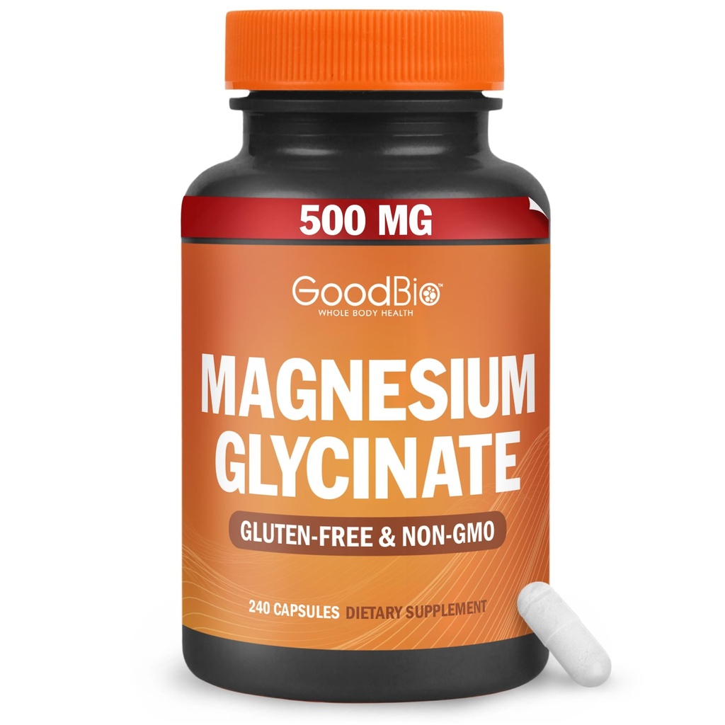 Glicenato de Magnésio - Suplemento de Magnésio de Alta Absorção 500mg por serviço para alívio do estresse, sono, saúde do coração e osso, suporte nervoso - Não-GMO, sem glúten, gentil no estômago, 240 cápsulas