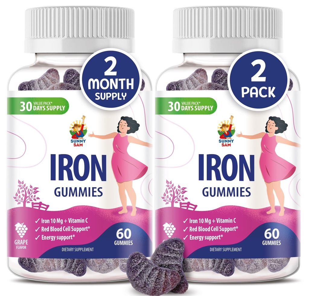Sunny SAM Pastilhas de ferro para crianças e adultos - Vitaminas de ferro com vitamina C, 10mg por serviço - chiclete de fruta mastigável para a produção de células vermelhas de apoio Imune