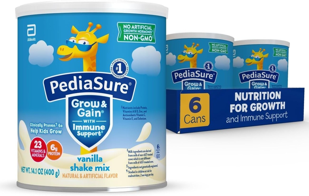 Pediasure crescer & ganhar com suporte imunológico Shake Mix pó, 23 vitaminas e minerais, 6g de proteína, não-GMO, sem glúten, Nutrição para crianças, Baunilha, lata de 14,1 oz, pacote de 6-48 porções