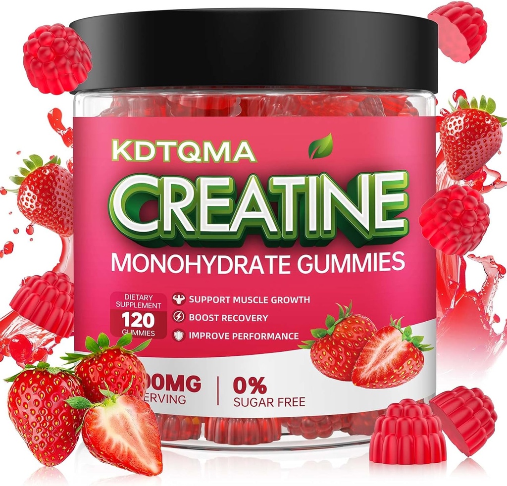 Creatina Mono-hidratado Gummies para homens e mulheres 120 CT - 5600mg de Creatina Mono-hidratado por serviço, Creatina mastigável Mono-hidratado para apoio muscular & Energia Boost, Açúcar livre, Vegan (Flavor de framboesa)