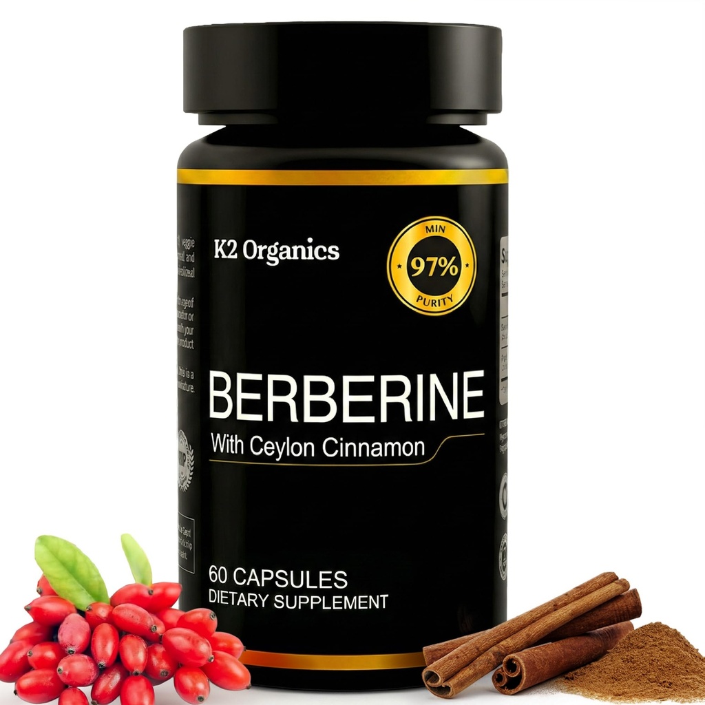 Berberina com Ceilão de canela 1200mg (60 Cápsulas) – 97% Pureza- Não-GMO, Glúten-Livre, Lab-Testado Vegan Berberine Suplemento