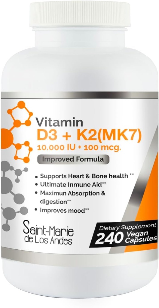 Vitamina D3 10.000 UI K2/MK7 100 mcg. Suplemento de alta potência 8 meses de fornecimento. Não-GMO para suporte ósseo, cardíaco e imunológico.