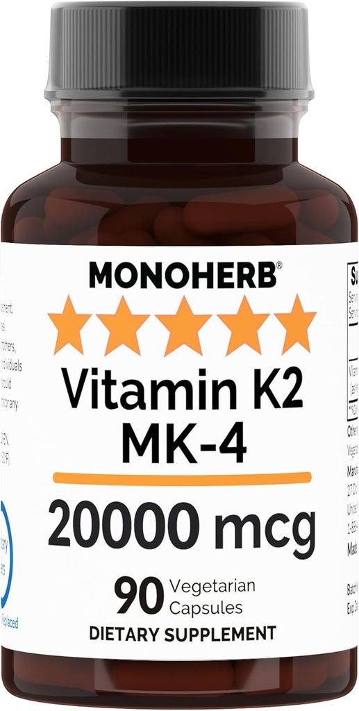 MONOHERB Vitamina K2 como Menatetrenona MK-4 20000 mcg por cápsula - 90 Veg Cápsulas