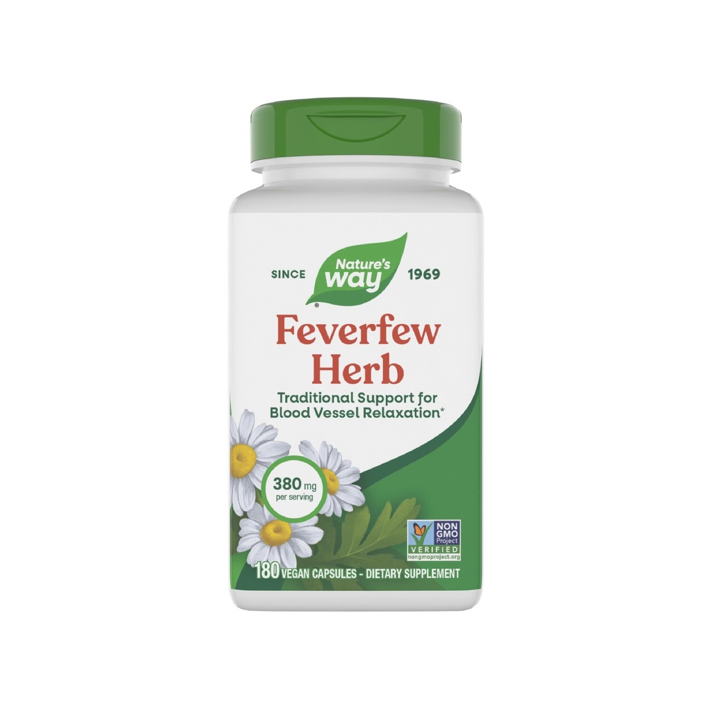 Nature's Way Feverfew Herb, Apoio Tradicional para Relaxação de Vasos de Sangue*, 380 mg por serviço, Projeto não-GMO verificado, 180 Vegan Feverfew Cápsulas (Pacote de Maio Vary)