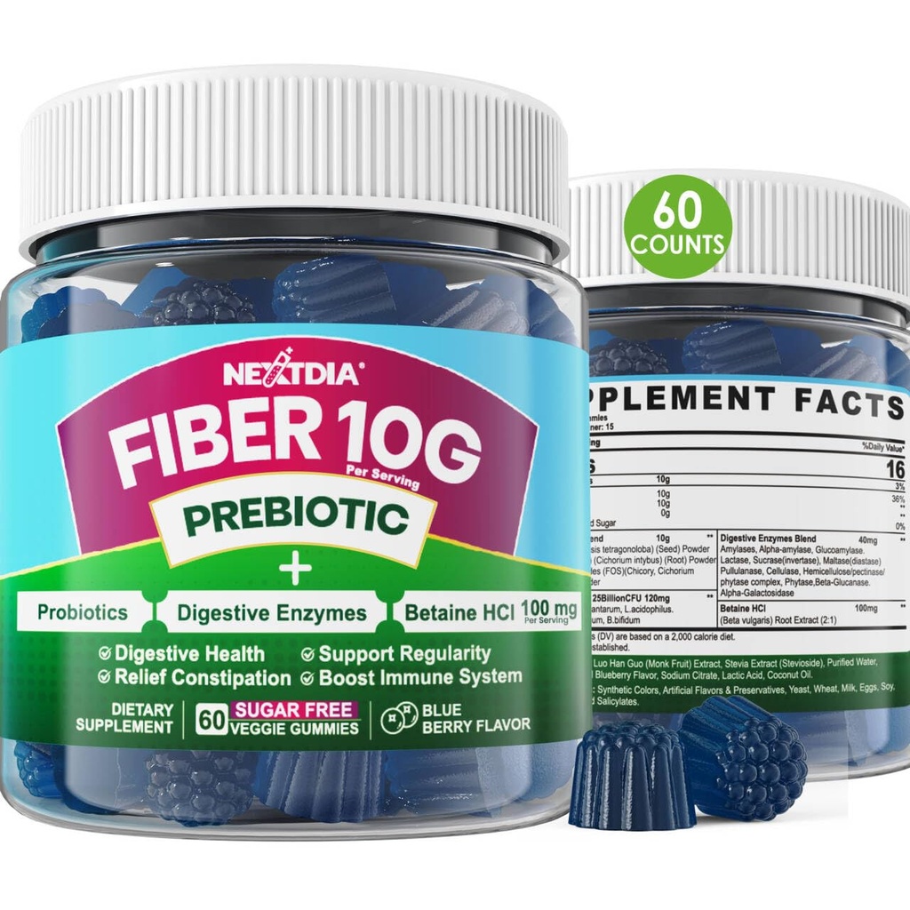 Gummies de fibra para adultos, Açúcar grátis 10g Prebiótico Suplemento de fibra com enzimas digestivas, Probióticos & 100mg Betaína para Digestivo & Gut Saúde e Regular Movimento Bowel, Vegan, Gelatina Livre, 60ct