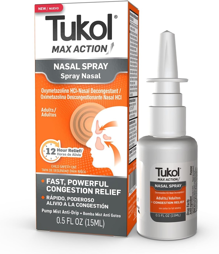 Tukol Max Ação Spray nasal, Oximetazolina Nasal Descongestionante Spray para Adultos, Nariz recheado rápido & Sinus Congestion Alívio, 12 horas Nariz Spray Descongestionante, 0,5 fl oz