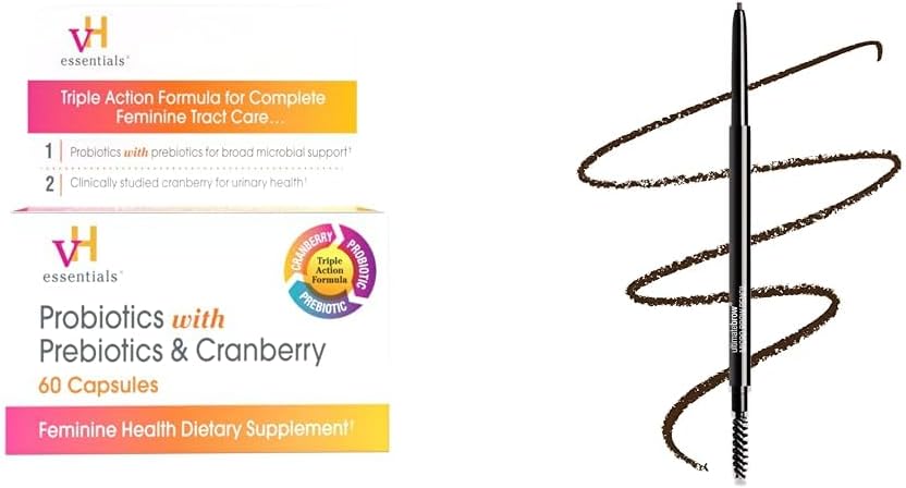 vH essencial Probióticos com Prebióticos e Cranberry Feminine Health Supplement 60 Cápsulas e n wild Ultimate Brow Micro Sobrancelha Retrátil Lápis escuro marrom ultra fino 1.5mm Dica