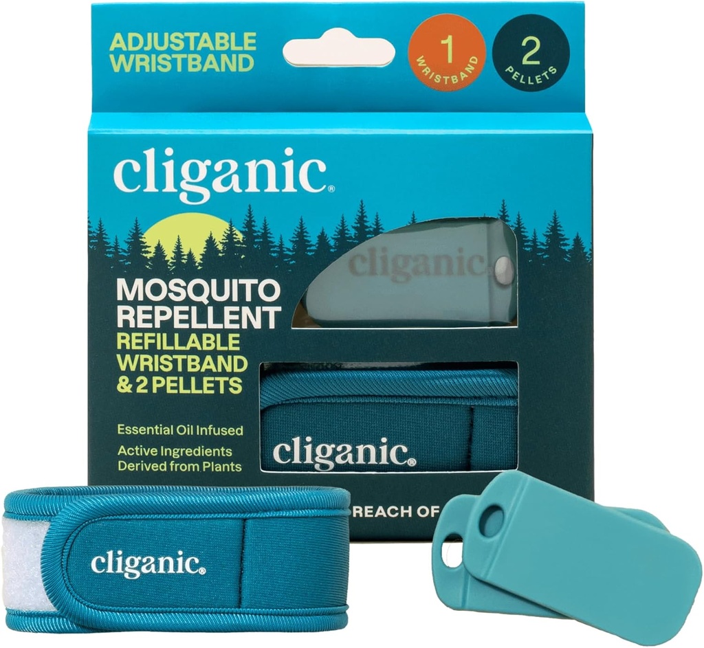 Pacote Repelente de Mosquito Cliganic (Wristband + 2 Refil Pellets) - Ajustável, sem DEET Natural, Óleo Essencial Infundido
