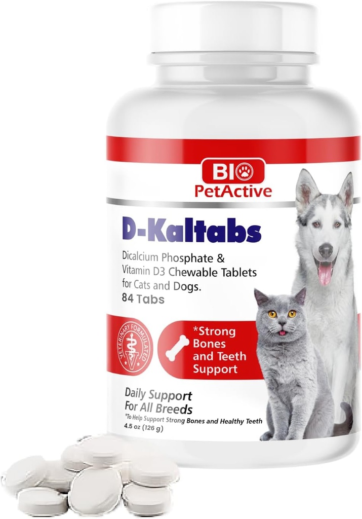 D-Kaltabs Fósforo, Suplemento Vitamina D3 de cálcio para cães e gatos, Vitaminas pré-natais de estimação, Pet-Tabs diários, unhas fortes, suporte de dentes, 84 comprimidos mastigáveis