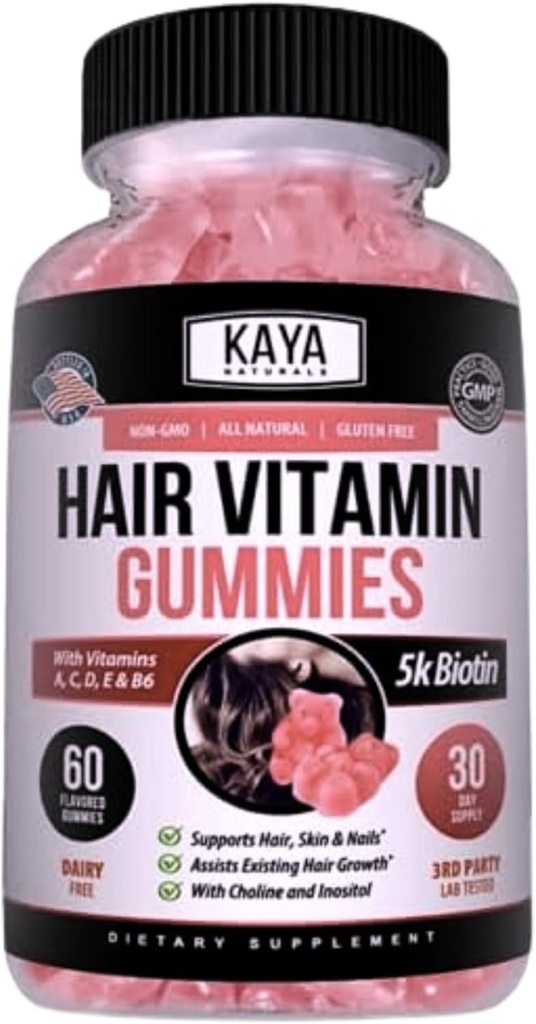 Kaya Naturals Pastilhas de crescimento do cabelo - Biotin 5000mcg Vitaminas para cabelos saudáveis, pele e unhas - Suplemento de beleza para mulheres ou homens - 60 Conde - sabor de mirtilo