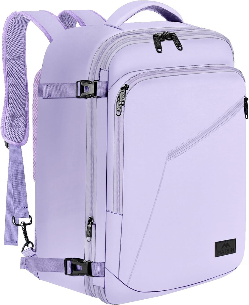 MATEIN Carry on Backpack for Women, 40L Heavy Duty Travel Backpack Aprovado, Expansível Moda Simples Daypack, Frequent Traveler Gifts, Light Purple