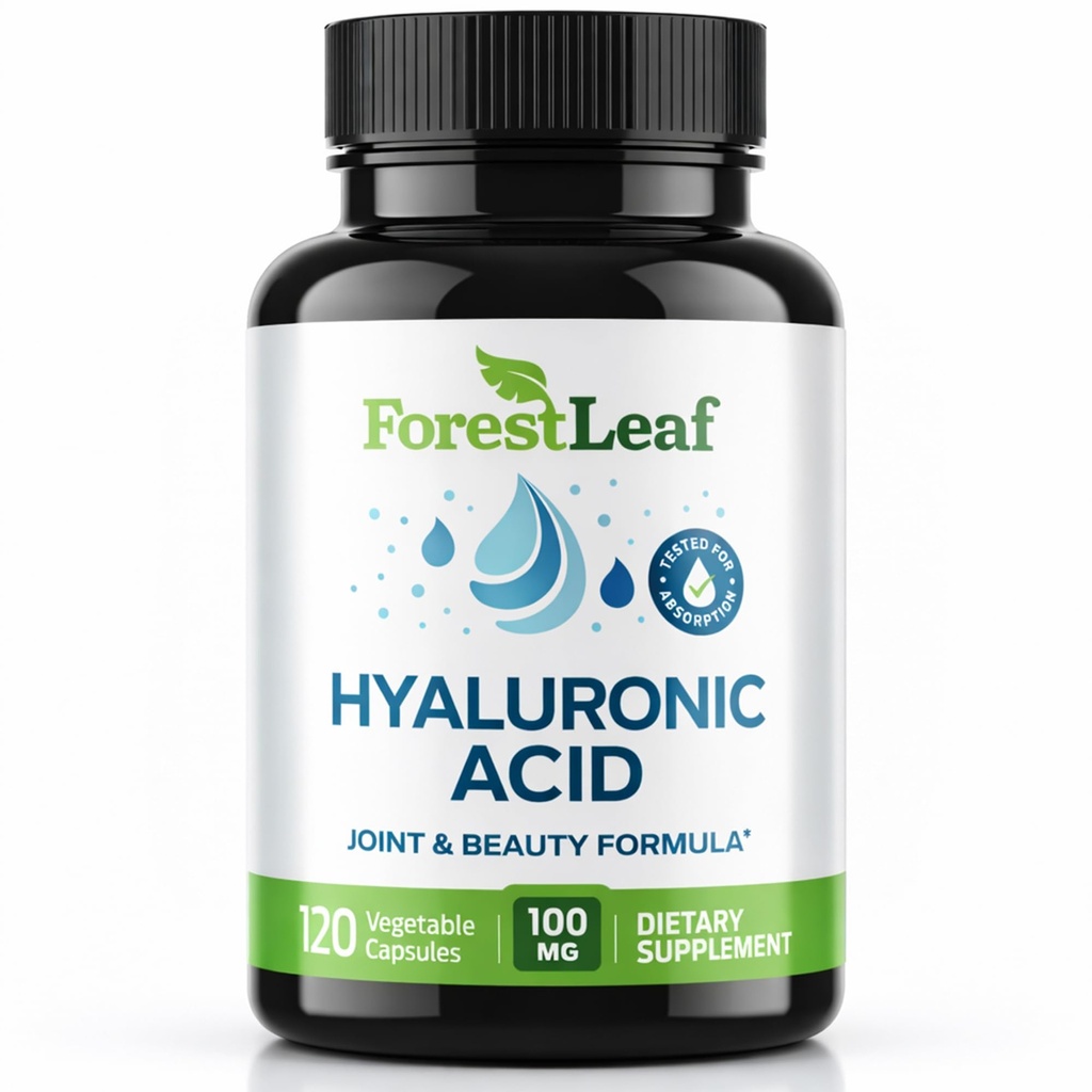 ForestLeaf Hyaluronic Acid Supplements 100mg High Biodisponível Dietary Hyaluronic Acid Powder Cápsulas + 50mg VIT C Suporta hidratação da pele, lubrificação conjunta, anti-envelhecimento, cabelo e unhas