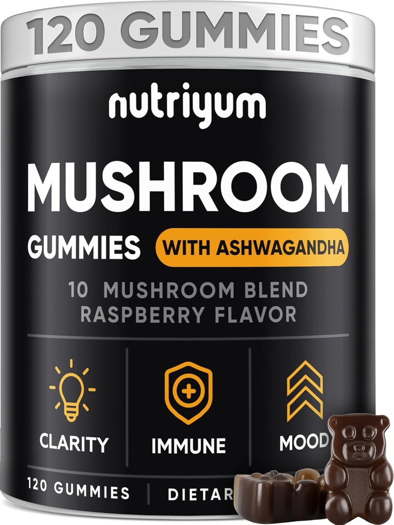 Cogumelos Gummies 10 Blend 120 pcs - Leões Mane, Ashwagandha, Turquia Tail, Cordyceps, Chaga, Reishi Mushroom Complex - Suplemento de Cogumelo para Imune, Energia, Clarity & Cognitive
