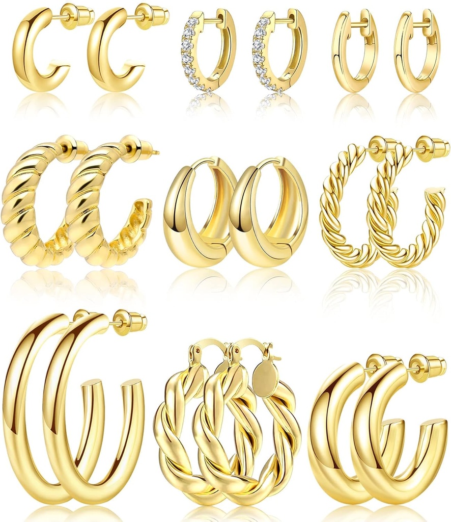 Adoyi 9 pares Brincos de ouro Hoop para as mulheres Twisted Huggie Hoops Brincos 14K 18K ouro banhado para meninas Dia das Mães Dia de Aniversário Presentes leves