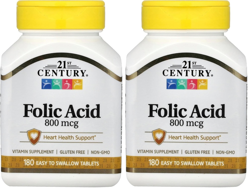 Comprimidos de ácido fólico do século XXI 800 mcg, variados, com uma contagem de 180 (Pacote de 2)