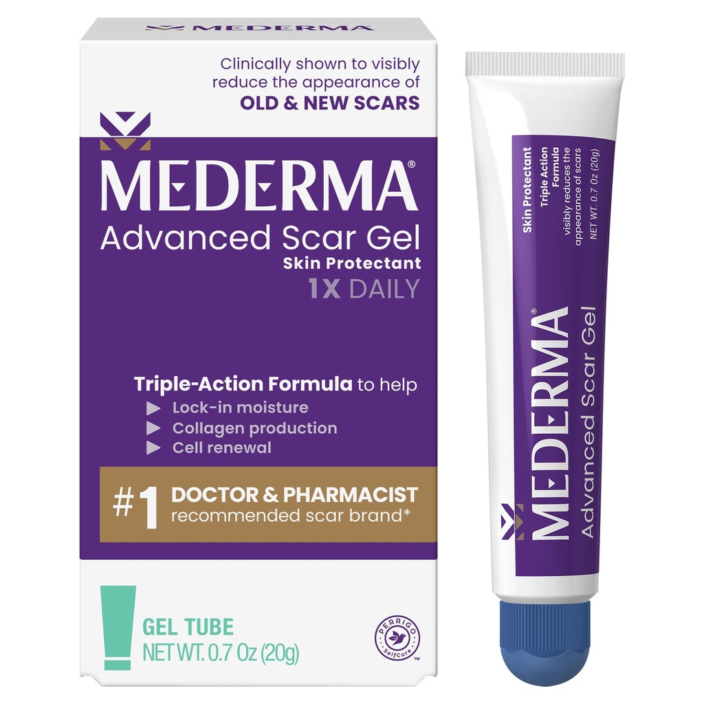 Gel de cicatriz avançada Mederma - trata cicatrizes antigas e novas, reduz a aparência de cicatrizes de Acne, Cirurgia, Queimaduras, Lesão e Stretch Marks, 0,70 Oz (20g)