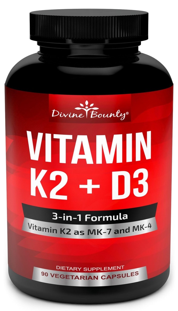 Vitamina K2 (MK7 & MK4) com suplemento D3 - Vitamina K & D como MK-7 100mcg, MK-4 500mcg, e 5000 UI de vitamina D3 3-em-1 Fórmula - Suporte ósseo e cardíaco - 90 Cápsulas Vegetarianas Não-GMO