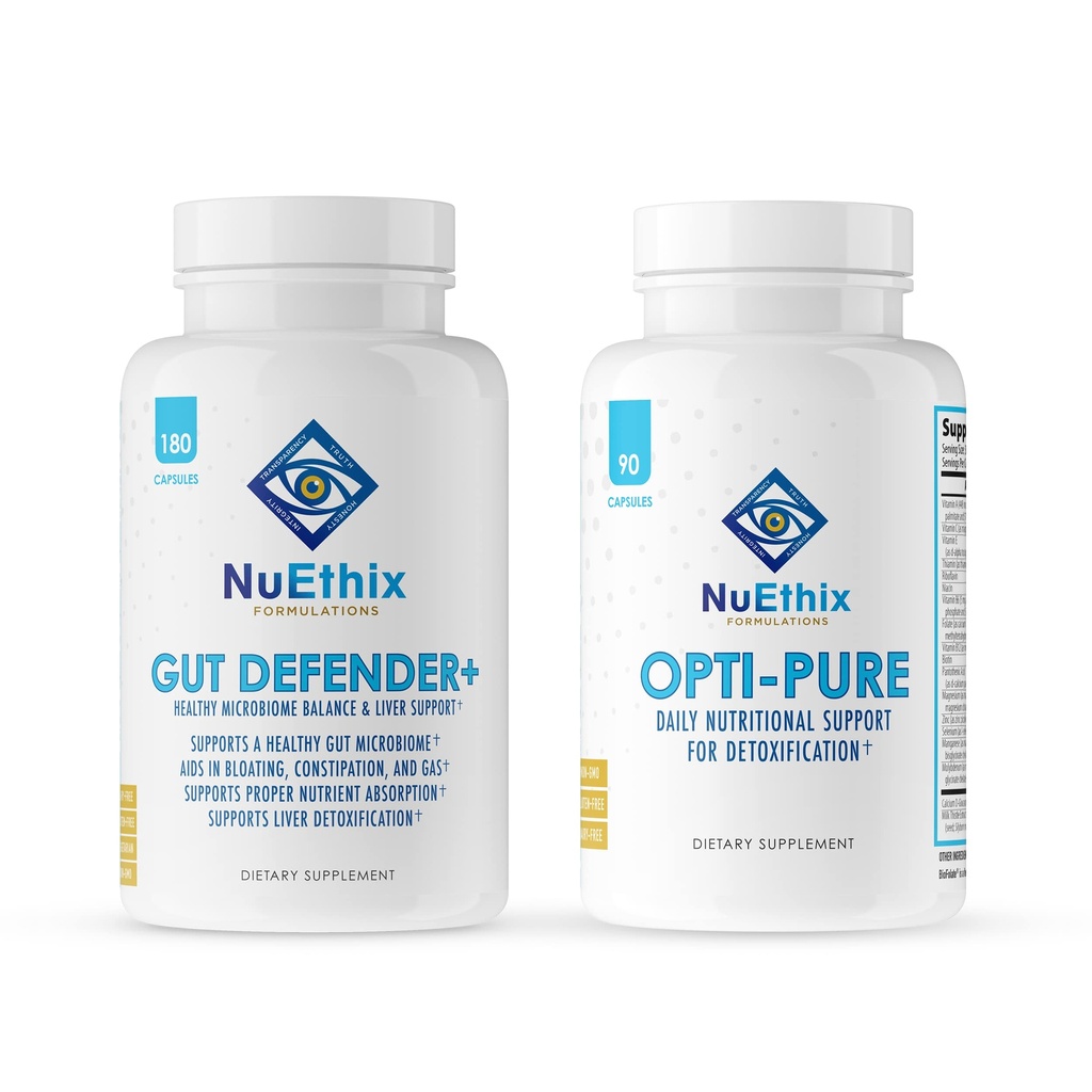 NuEthix Formulations Detoxificação e Microbiome Balance Complementar de Opti-Pure, 30 Servings and Gut Defender+, 90 Servings
