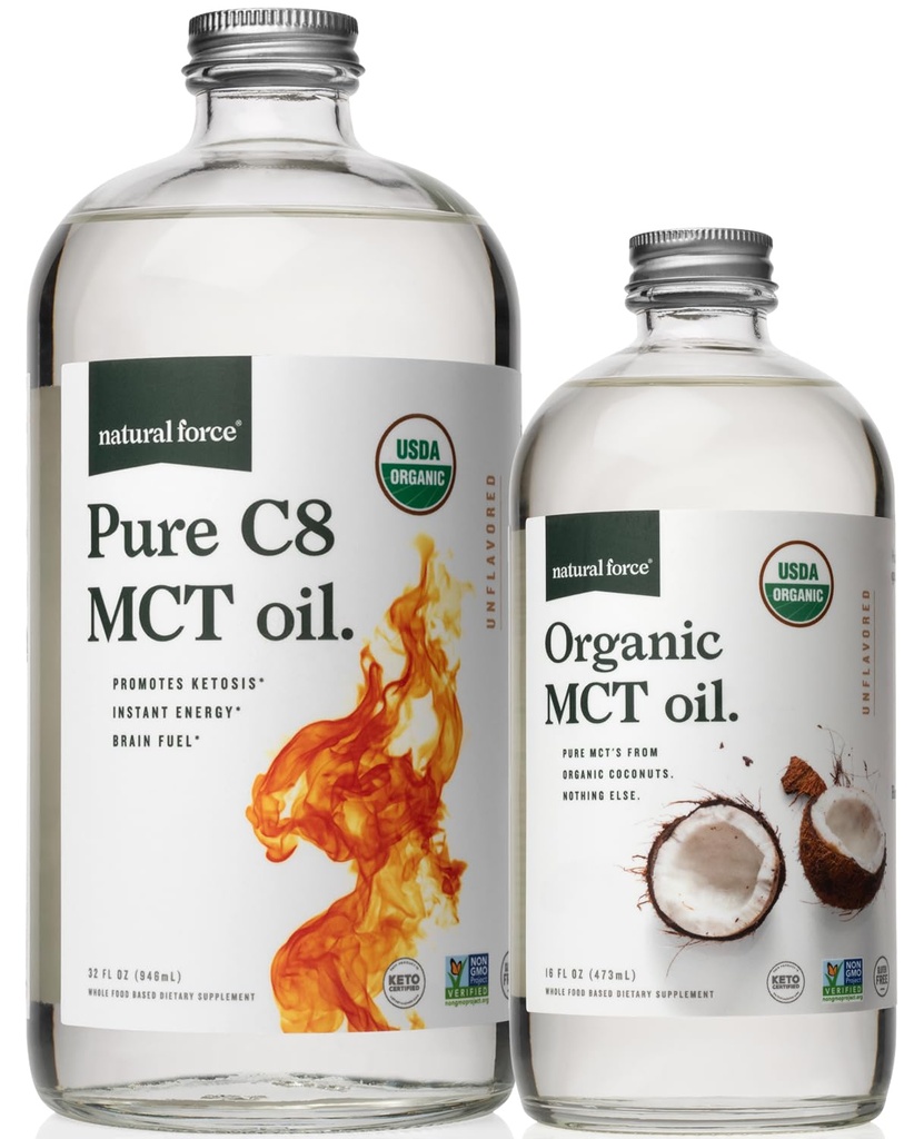 Força natural C8 orgânico puro + Espectro completo orgânico MCT Óleo – USDA Orgânico, Não OGM, 100% puro coco MCTs – Keto, Paleo, Vegan, e Kosher – 32 Oz & 16 Oz Garrafas de vidro