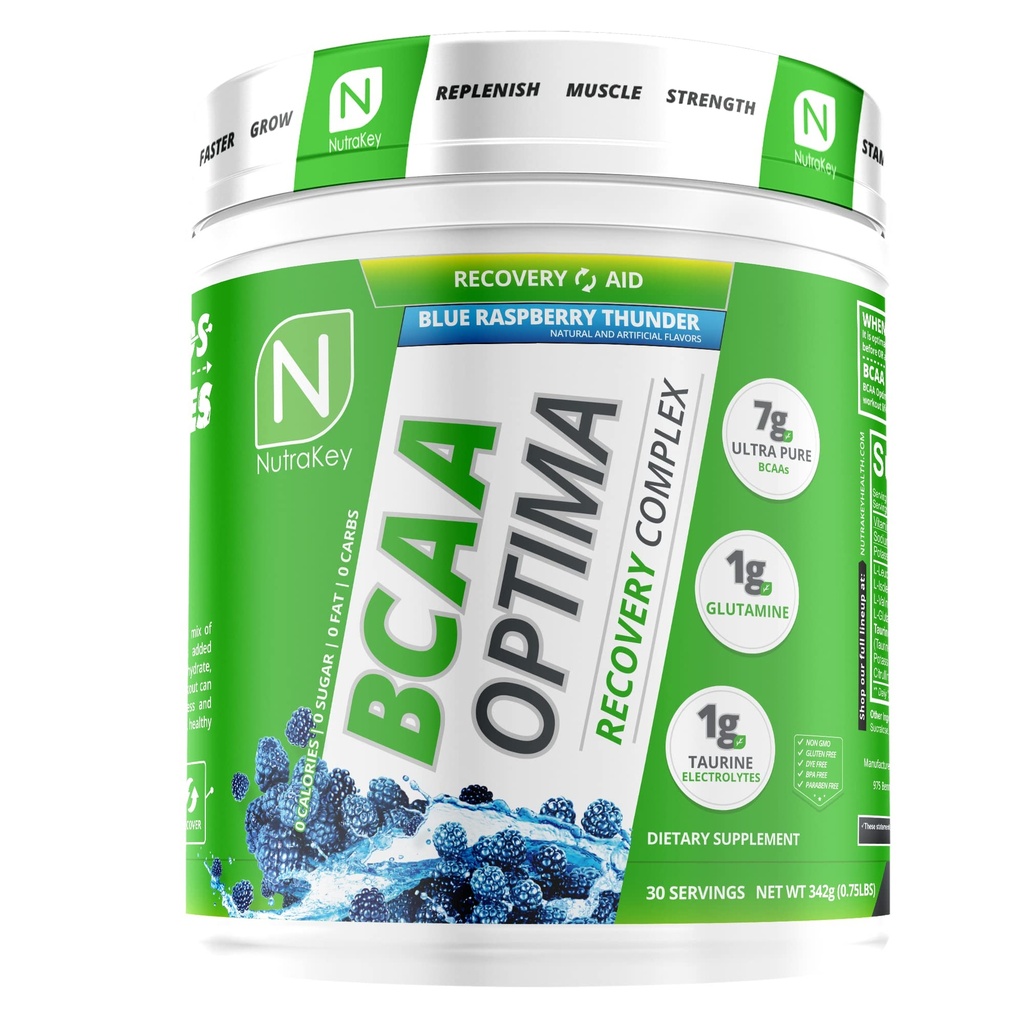 NutraKey BCAA Optima Complexo de recuperação pós-treino, Sem açúcar, Sem carboidratos, Ajuda de recuperação, Framboesa Azul